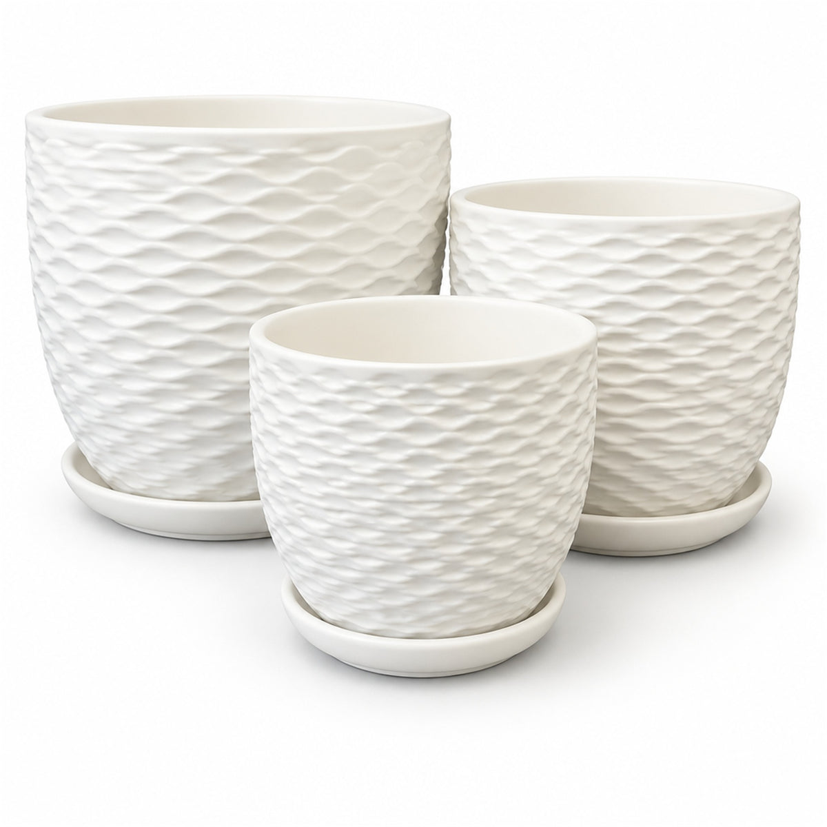 White Textured Ceramic Pot in wave, shown in three sizes